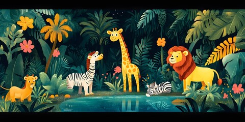 Giraffe, lion cub, and zebra in a lively jungle surrounded by colorful flowers and greenery