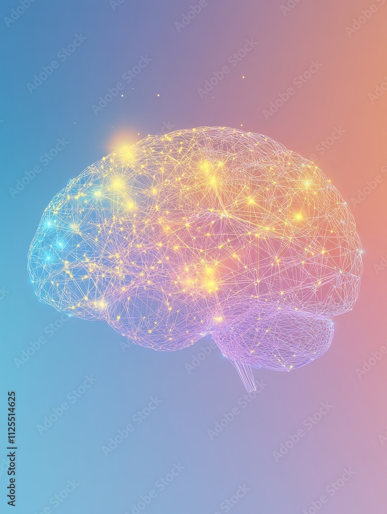 Poster Visual representation of a glowing brain formed by small light points and lines, symbolizing knowledge and creativity with space for text. Generative AI