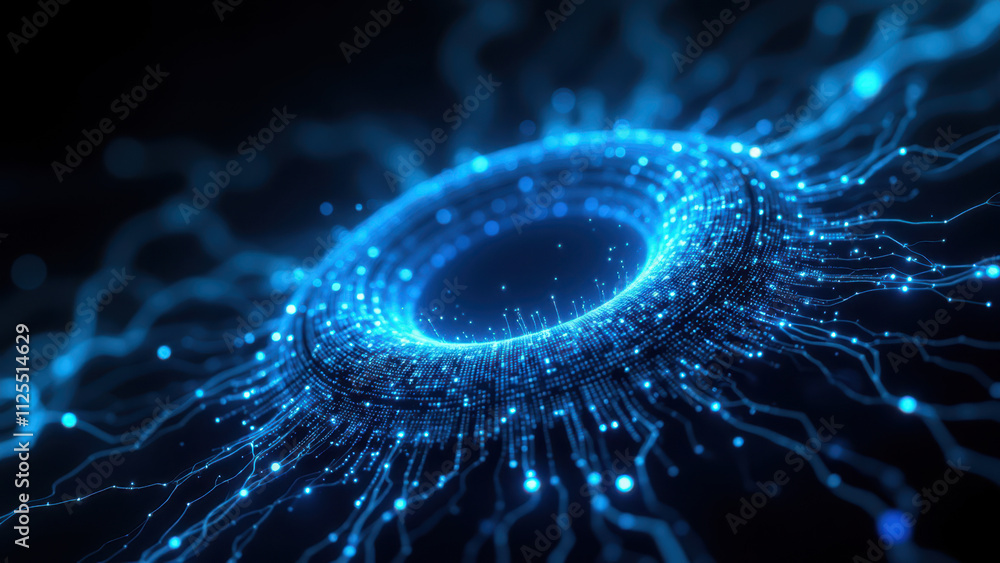 Poster futuristic rag logo with intricate light blue neural network design.