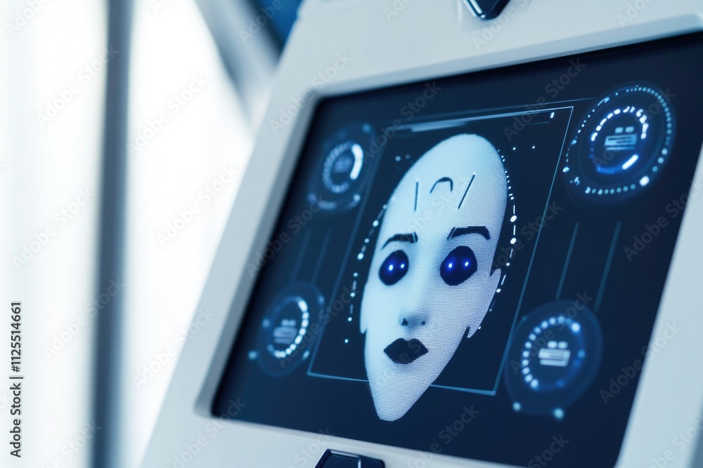 Poster a computer screen displaying a cartoon face