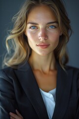 A woman with bright blue eyes poses for the camera, her expression calm and serene