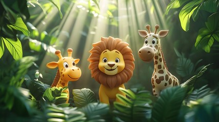 Fototapeta premium Vivid jungle animal scene surrounded by dense foliage, vibrant flower, and a playful cartoonish touch