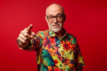 Fototapeta premium Photo of funny stylish aged man point fingers you wear colorful shirt isolated on red background