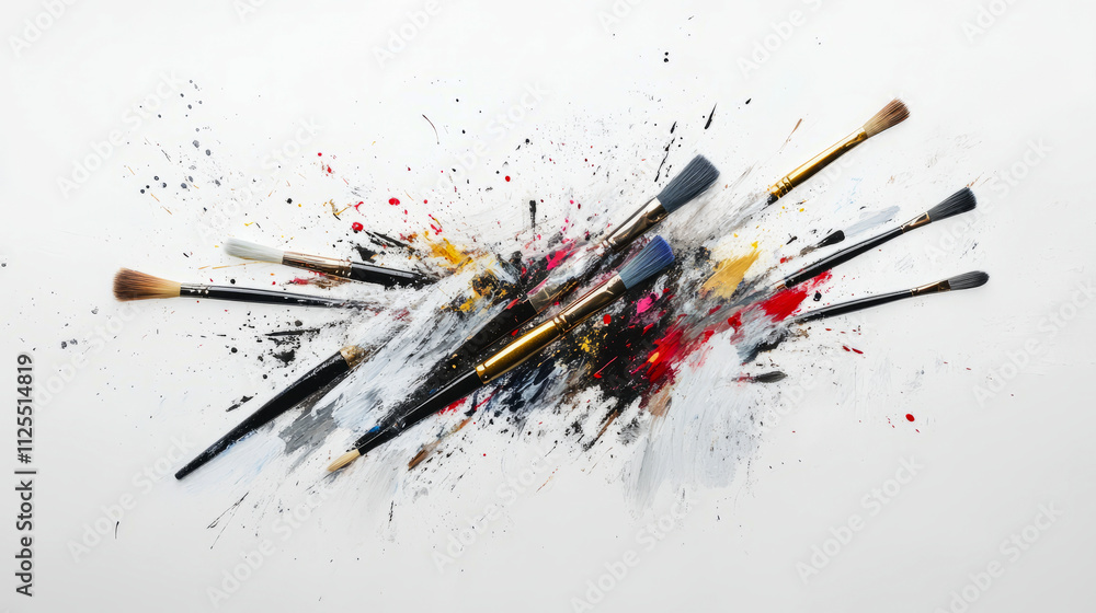Poster dynamic explosion of colorful brushes and paint splatters on white background