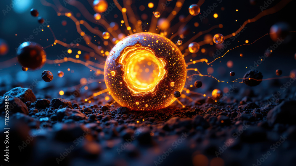 Poster an intense close-up of a glowing, molten sphere exploding with energy against a rocky surface, symbo