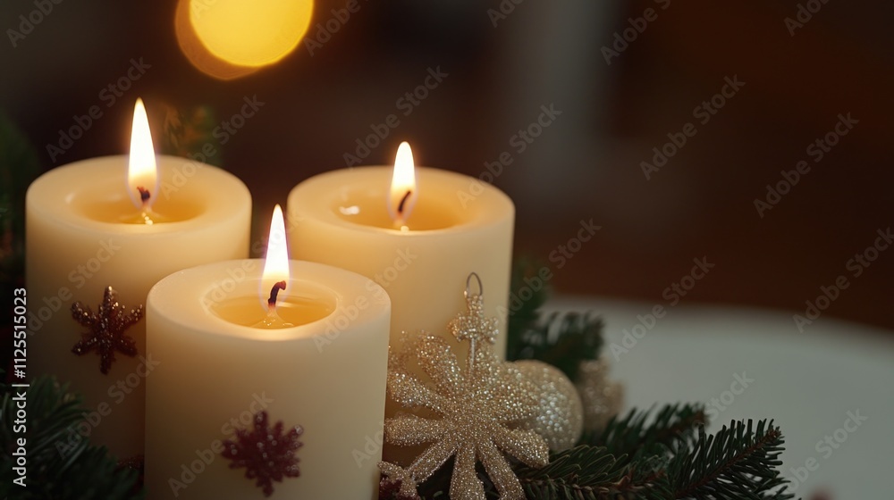 Poster a group of three candles sit on a table, providing soft light