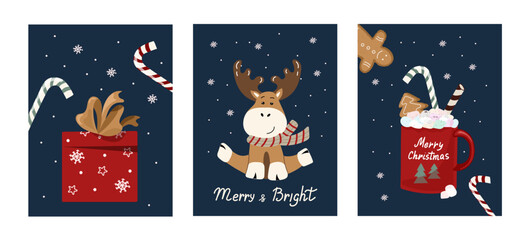Fototapeta premium Cute simple Marry Christmas greeting posters set. Cartoon siting deer with scarf,mug with hot cocoa and marshmallows and red gift box on dark-blue background