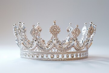 A silver crown sits atop a table, perfect for royal-themed designs or decorative purposes