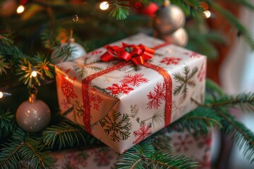A wrapped Christmas gift decorated with red and green snowflakes