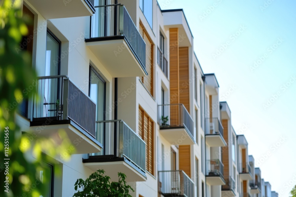 Poster a residential complex with multiple levels of interconnected balconies, ideal for cityscape or archi