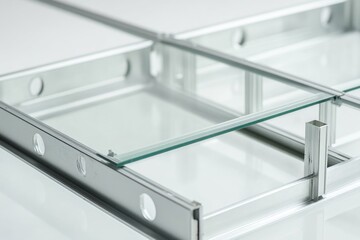 A close-up view of a glass shelf on a table, perfect for use in interior design or product photography