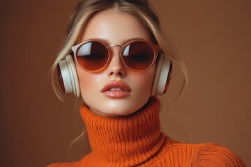 A woman wearing headphones and a turtle neck sweater