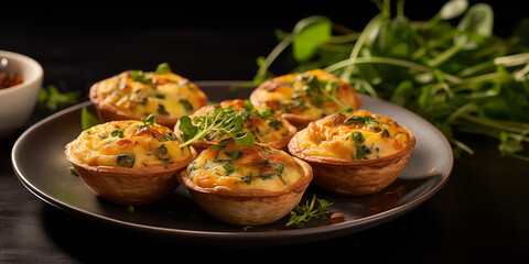 Close up of Mini Quiches , luxury food photography.Concept for restaurant menu. Generative AI