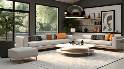 Beautiful modern living room interior design combines a contemporary sofa in neutral tones, a chic coffee table, floor lamps, large windows, sheer curtains and a striking wall.