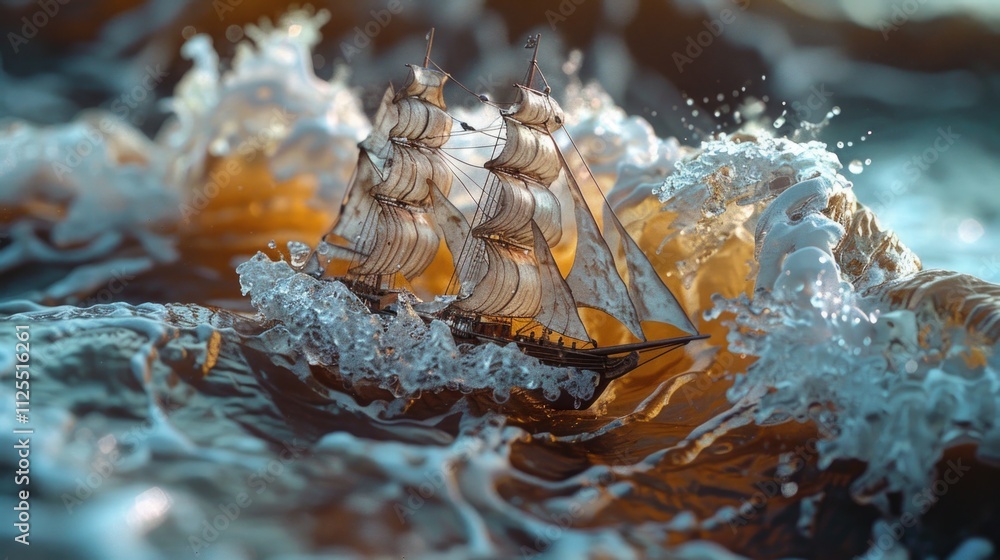Poster a model of a sailing ship floating on calm waters
