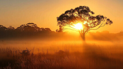 Rolling plains shrouded in thick mist as dawn breaks.