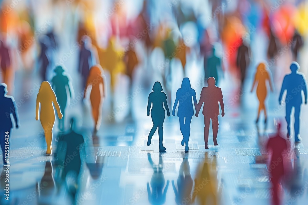 Poster a group of people walking together across a floor with various background elements