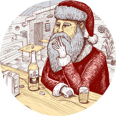 Boring Santa drinking and smoking sitting on pub
