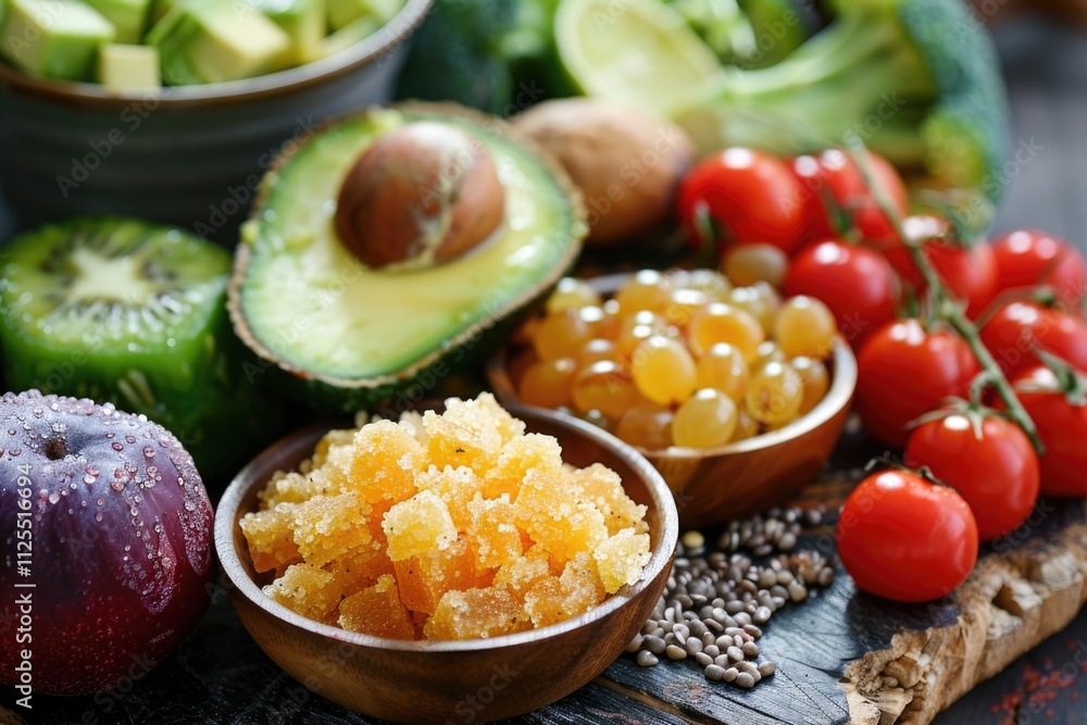 Poster a colorful display of various fruits and vegetables on a table, great for use in cooking or health-r