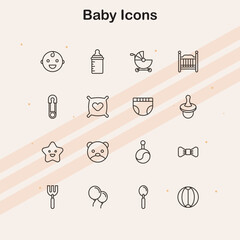 Icons of baby items and related themes for childcare