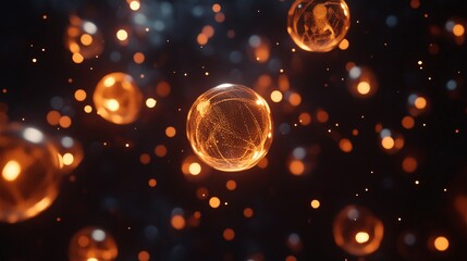 泡や光の粒子がキラキラと輝きながら宙を舞う黒い背景のグラフィック画像