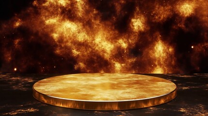 A golden platform sits before a fiery, cosmic backdrop.