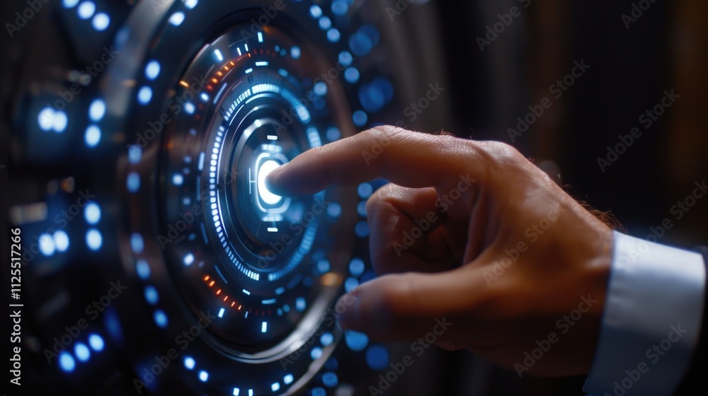Poster A person's hand touches the mouse or button on a computer screen, suitable for technology and office use