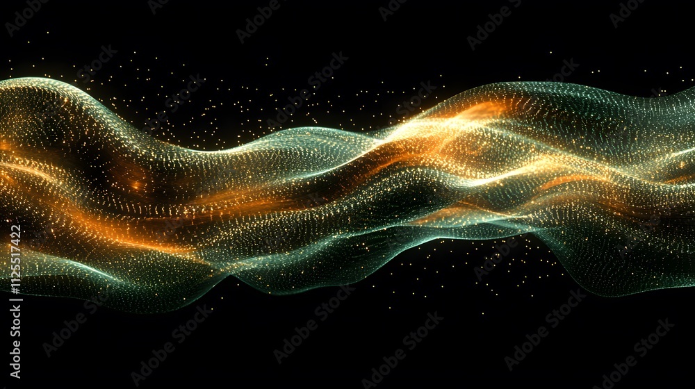 Poster golden neon wave glowing brightly with luminous effect against a dark black background creating an e