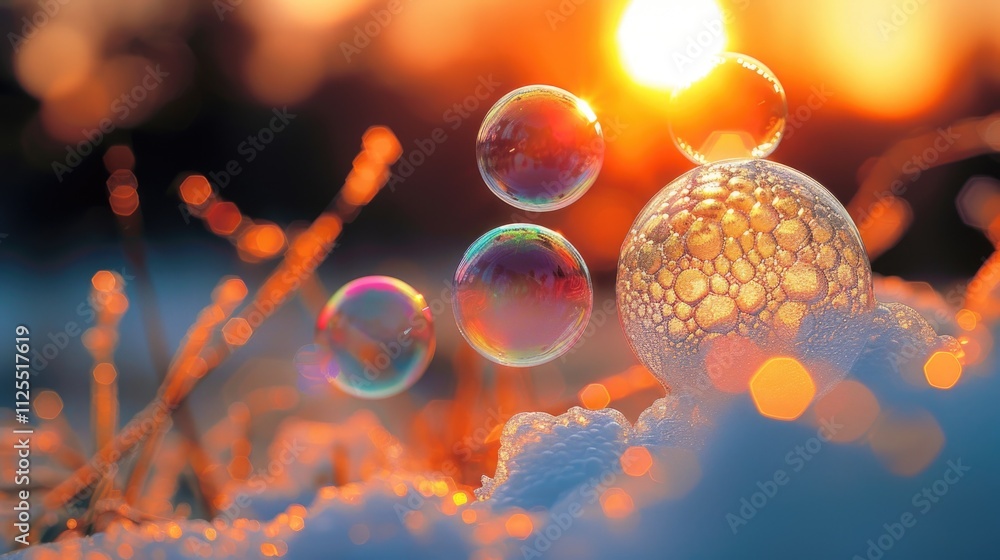 Poster a cluster of soap bubbles suspended in mid-air, with varying sizes and shapes