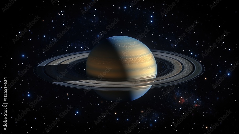 Poster a planet with a prominent ring system in the center, perfect for astronomy or science illustrations