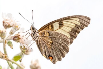 A butterfly perched on the petals of a bright white flower