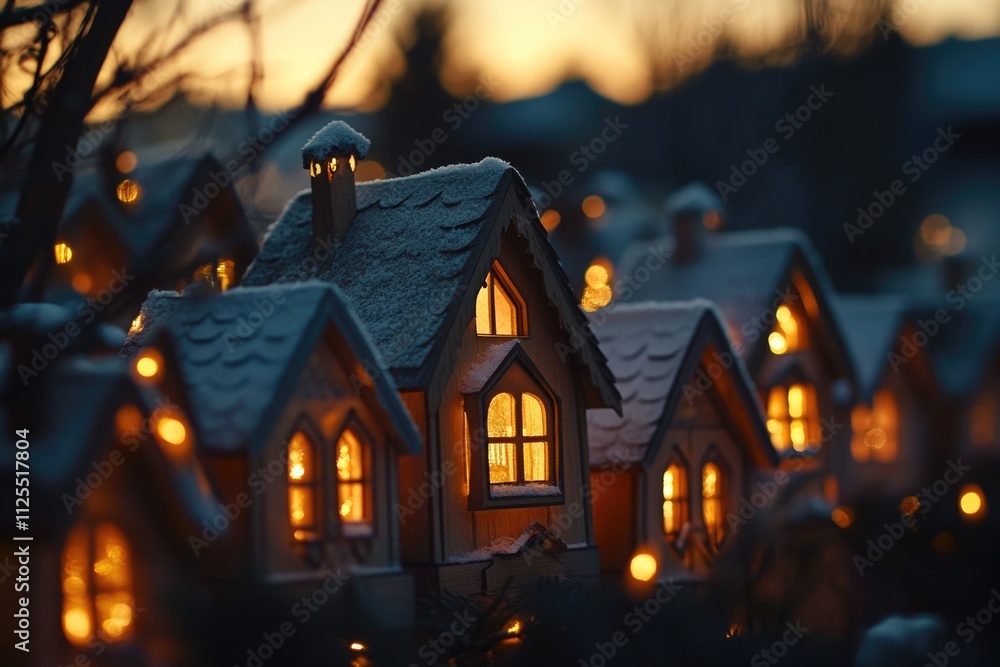 Poster a cluster of small homes illuminated by soft light, ideal for illustrations or designs requiring tin