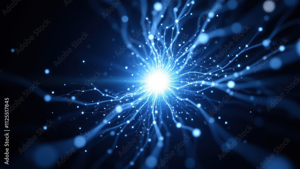 Poster abstract digital art with a central focal point resembling an explosion or energy release, surrounde