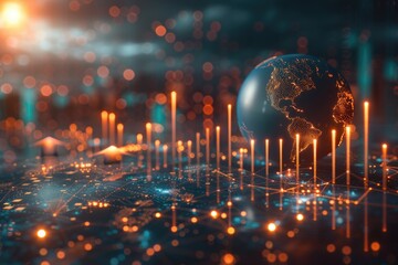 A 3D globe surrounded by vibrant, glowing lines and dots, ideal for use in presentations about global connectivity or data transmission