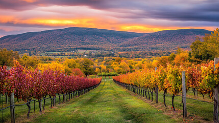 Fototapeta premium Rows of grapevines in a vineyard surrounded by colorful autumn trees and distant hills