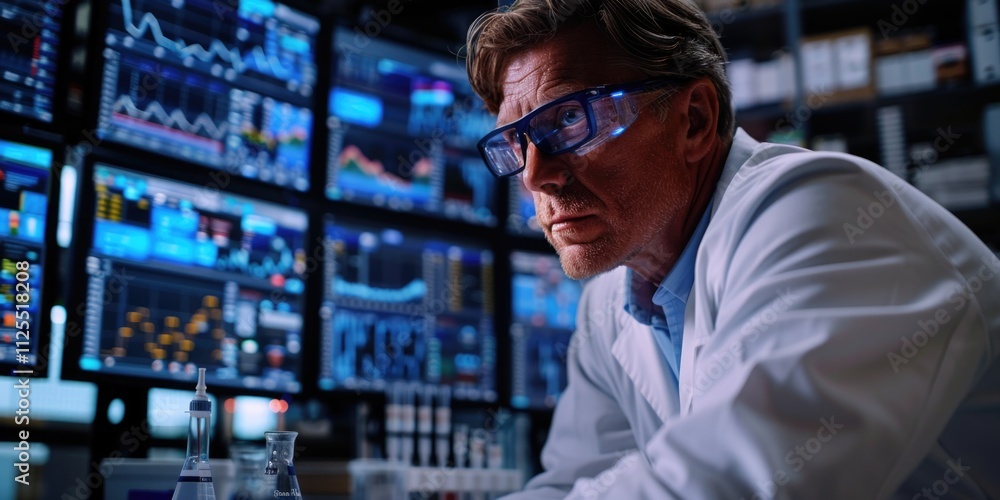 Poster A person in a lab coat examining a computer screen, possibly working or analyzing data