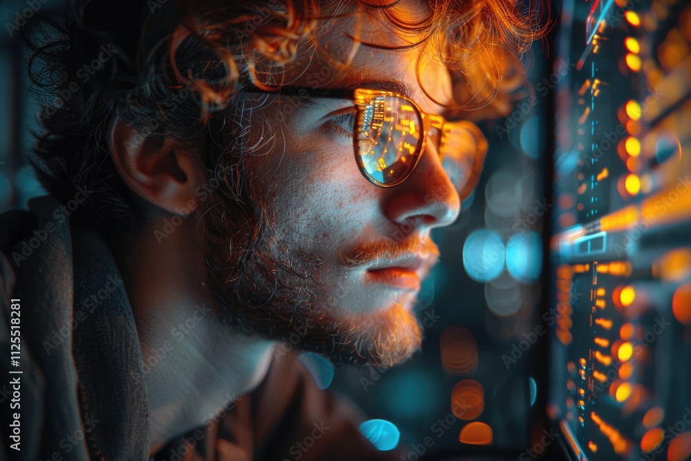 Aufkleber a person gazing out of a window with glasses on, possible contemplation or reflection