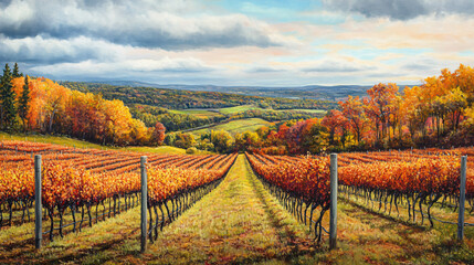 Naklejka premium Rows of grapevines in a vineyard surrounded by colorful autumn trees and distant hills