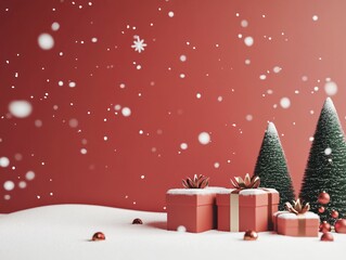 Red Christmas Gifts Under Snow with Trees