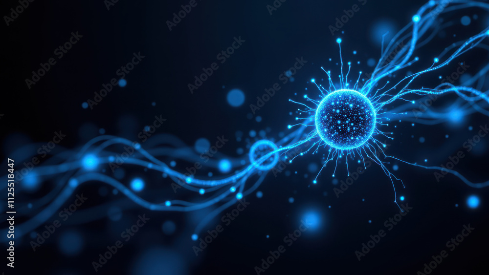 Poster illustration of a futuristic neural network with glowing blue neurons representing advanced artifici