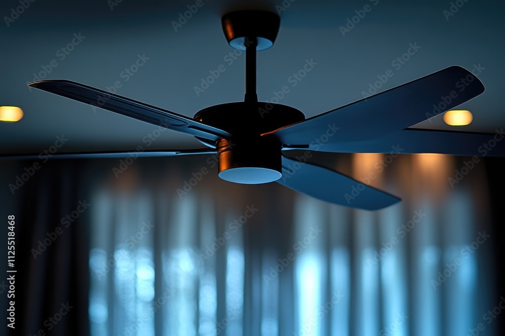 Poster a close-up shot of a ceiling fan in a room, ideal for use in interior design or home improvement pro