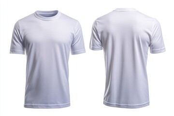 A pair of white t-shirts sitting on a plain white surface