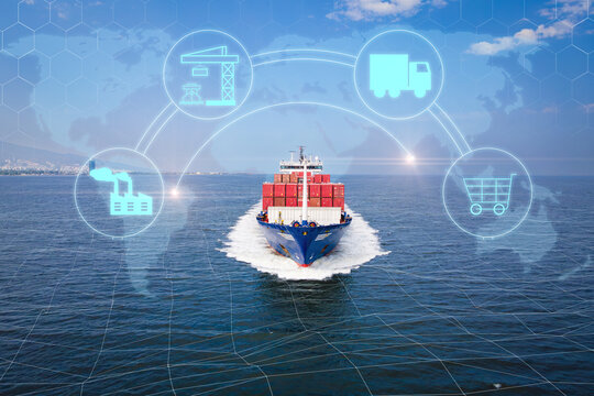 Container ship underway in sea with AI Global Logistics technology. International import export trade
