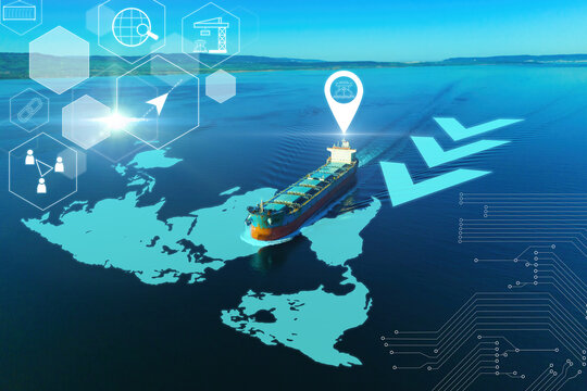 Logistic and transportation technology, Bulk dry cargo ship underway in sea with AI Logistic and transportation technology. International import export trade