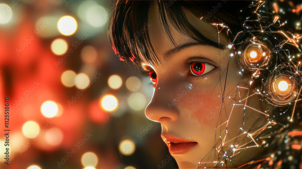 Aufkleber futuristic female android with illuminated circuitry and red eyes in bokeh background