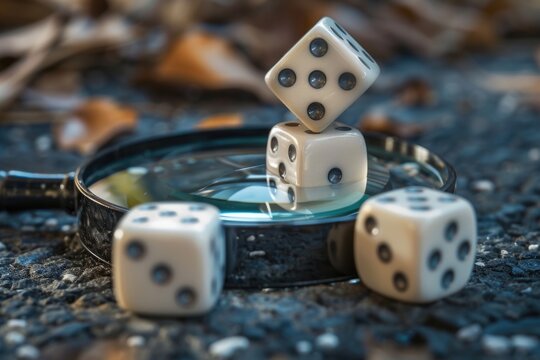 A pair of dice sitting on a table next to a magnifying glass, great for game night or detective themed illustrations