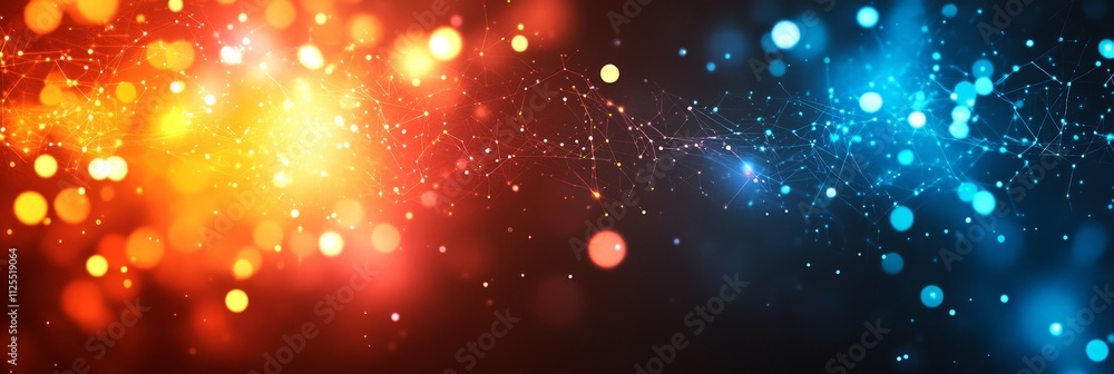 Poster abstract illuminated fiber optic network connecting warm to cool bokeh lights background