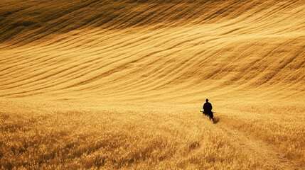 Obraz premium Solitary figure on bicycle in golden wheat field at sunset