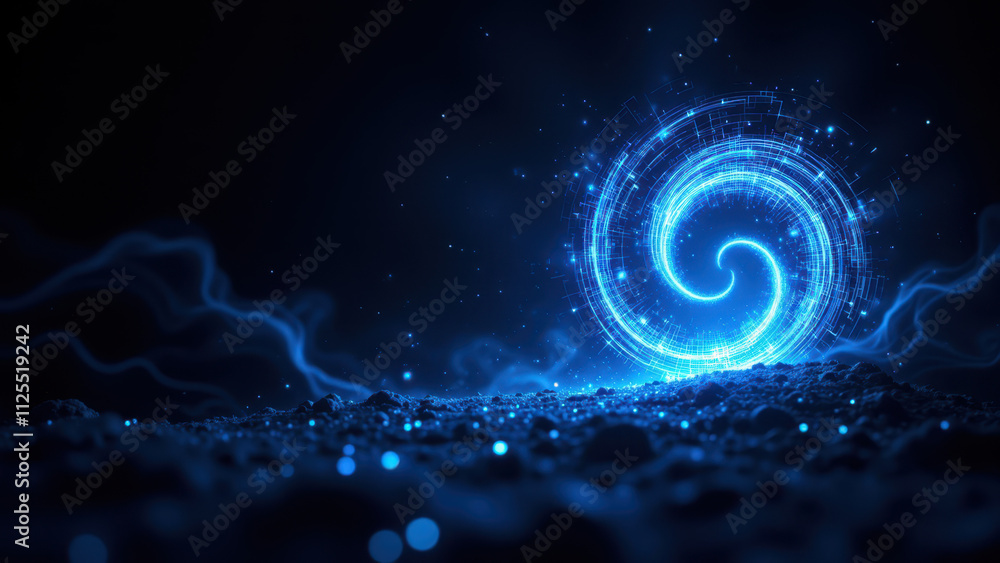 Poster dynamic blue holographic technology in a dark room with a futuristic design, representing retrieval 