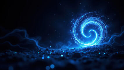 Dynamic blue holographic technology in a dark room with a futuristic design, representing Retrieval Augmented Generation (RAG) concepts.